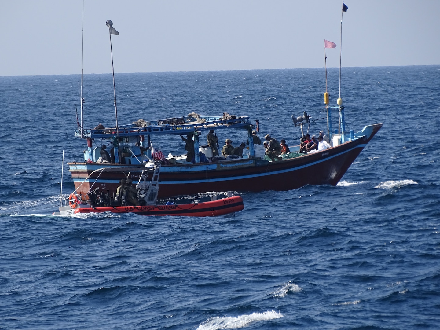 250207-N-NO146-1002 ARABIAN SEA (February 7, 2025) Illegal narcotics seized from a stateless vessel are stacked on the deck of the U.S. Coast Guard Sentinel-class fast response cutter USCGC Emlen Tunnell (WPC 1145) in the Arabian Sea. (Official U.S. Coast Guard photo)