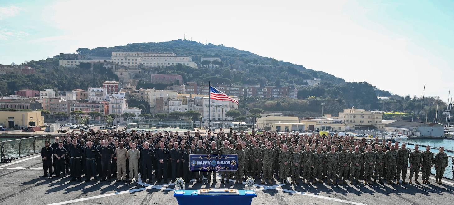 U.S. 6th Fleet held a joint celebration of its 75th anniversary and the Navy’s 250th birthday onboard its flagship, the Blue Ridge-Class Command and Control ship USS Mount Whitney (LCC 20) Feb. 12, 2025. (Photo sized and edited for visibility).