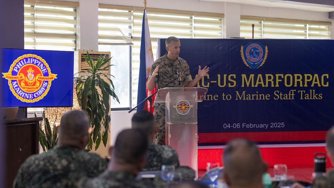 U.S. Marine Corps Col. Christopher Winn, assistant chief of staff, G-5 Plans Division, U.S. Marine Corps Forces, Pacific, delivers opening comments at the 2025 Philippine Marine Corps-MARFORPAC Marine-to-Marine Staff Talks at Fort Bonifacio, Philippines, Feb. 4, 2025. The three-day talks provided a forum to improve coordination of bilateral exercises and operations while discussing mutual areas of interest throughout the Indo-Pacific. (U.S. Marine Corps photo by Lance Cpl. Chloe Zimmerer)