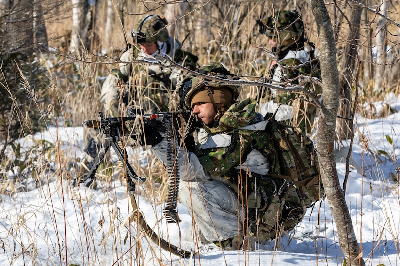U.S. Army Spc. Jordan Iacovetta, an infantryman from 1st Platoon, Alpha Company, 1st Battalion, 5th Infantry Regiment returns fire as part of the culminating field training exercise during North Wind 25 in Minami-Eniwa, Japan, February 8, 2025.