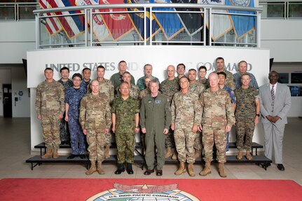 Adm. Samuel J. Paparo, front center, commander of U.S. Indo-Pacific Command, joins Gen. Yoshihide Yoshida, front second from left, Chief of Staff of the Japan Joint Staff, for a group photo during the Joint Senior Leaders Seminar at USINDOPACOM headquarters on Camp H.M. Smith in Hawaii, Feb. 11, 2025.