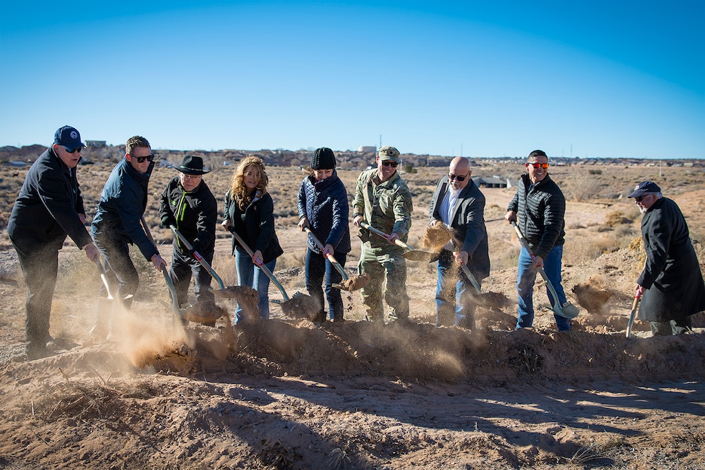 (L-R): David Gatterman, SSCAFCA executive engineer; Jeremy Lenentine, Rio Rancho deputy mayor and District 2 councilor; Ron Abramshe, SSCAFCA director; Cynthia Longley, CBKN (contractor owner); Bel Marquez, SSCAFCA director; Lt. Col. Matthew Miller, USACE-Albuquerque District commander; Alan Martinez, N.M. state representative; Brian Sanchez, program manager, USACE-Albuquerque District; and John Chaney, SSCAFCA director. Not pictured: Martina Suazo, program manager, USACE-Albuquerque District.