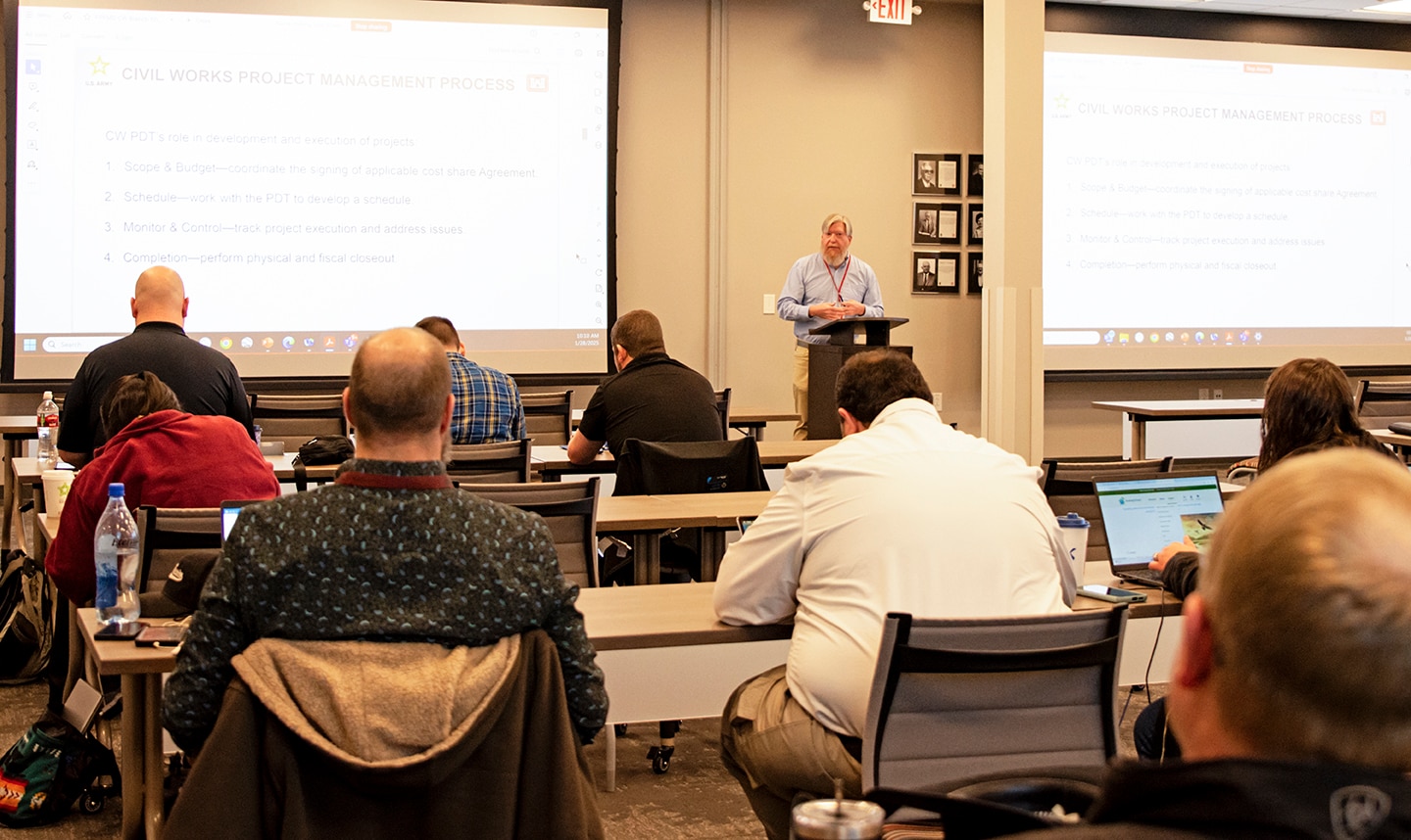 Albuquerque District Civil Works Chief Jared Minor gives an
overview of USACE Civil Works authorities during the Emergency Management Partnership Day, Jan. 28, 2025.