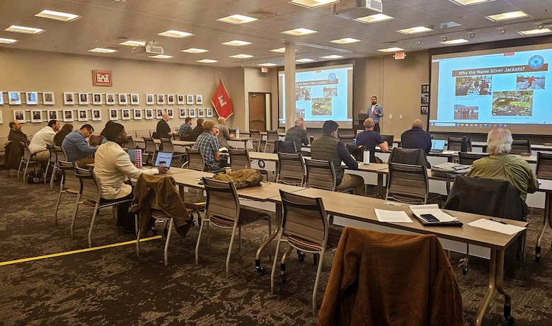 Aaron Flammang, planner in the Albuquerque District’s Plan Formulation Section, gives an overview of the USACE Silver Jackets program to participants during the district’s Emergency Management Partnership Day, Jan. 28, 2025.