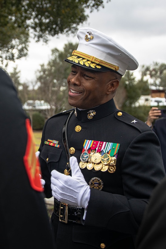 U.S. Marine Corps Brig. Gen. Nick I. Brown, the commanding general of Marine Corps Installations West, Marine Corps Base Camp Pendleton, speaks to Marines at the Ronald Reagan Presidential Library and Museum in Simi Valley, California, Feb. 6, 2025.