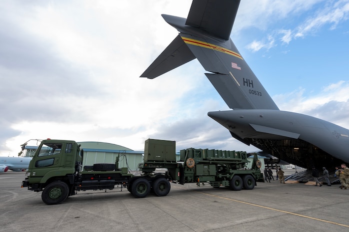 A Japan Ground Self-Defense Force CH-47JA Chinook helicopter assigned to the 1st Helicopter Brigade sits on the flightline before loading onto a U.S. Air Force C-17 Globemaster III in support of Keen Sword 25 at Naval Air Facility Atsugi, Feb. 4, 2025.
