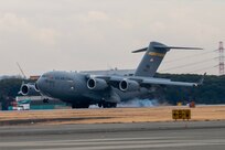 A Japan Ground Self-Defense Force CH-47JA Chinook helicopter assigned to the 1st Helicopter Brigade sits on the flightline before loading onto a U.S. Air Force C-17 Globemaster III in support of Keen Sword 25 at Naval Air Facility Atsugi, Feb. 4, 2025.