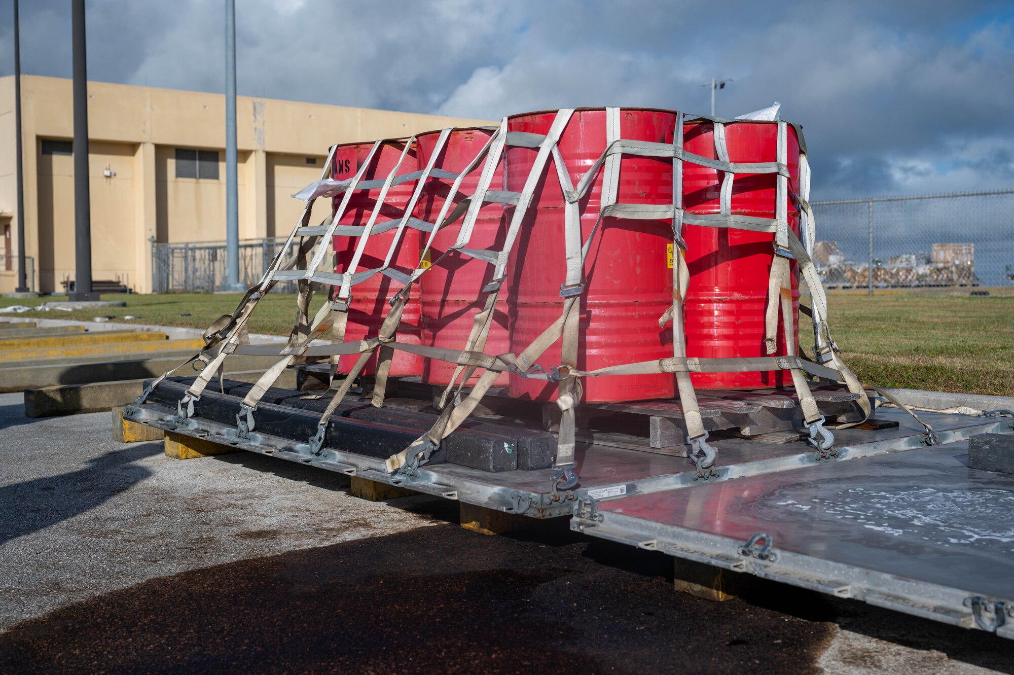 A photo of a cargo pallet on Andersen Air Force Base, Guam, Feb. 10, 2025. The Joint Inspection Demo held by the 734th AMS team includes an example of a correctly built cargo pallet and a cargo pallet with discrepancies from past exercises found during typical processing. (U.S. Air Force Photo by Airman 1st Class Allon Lapaix)