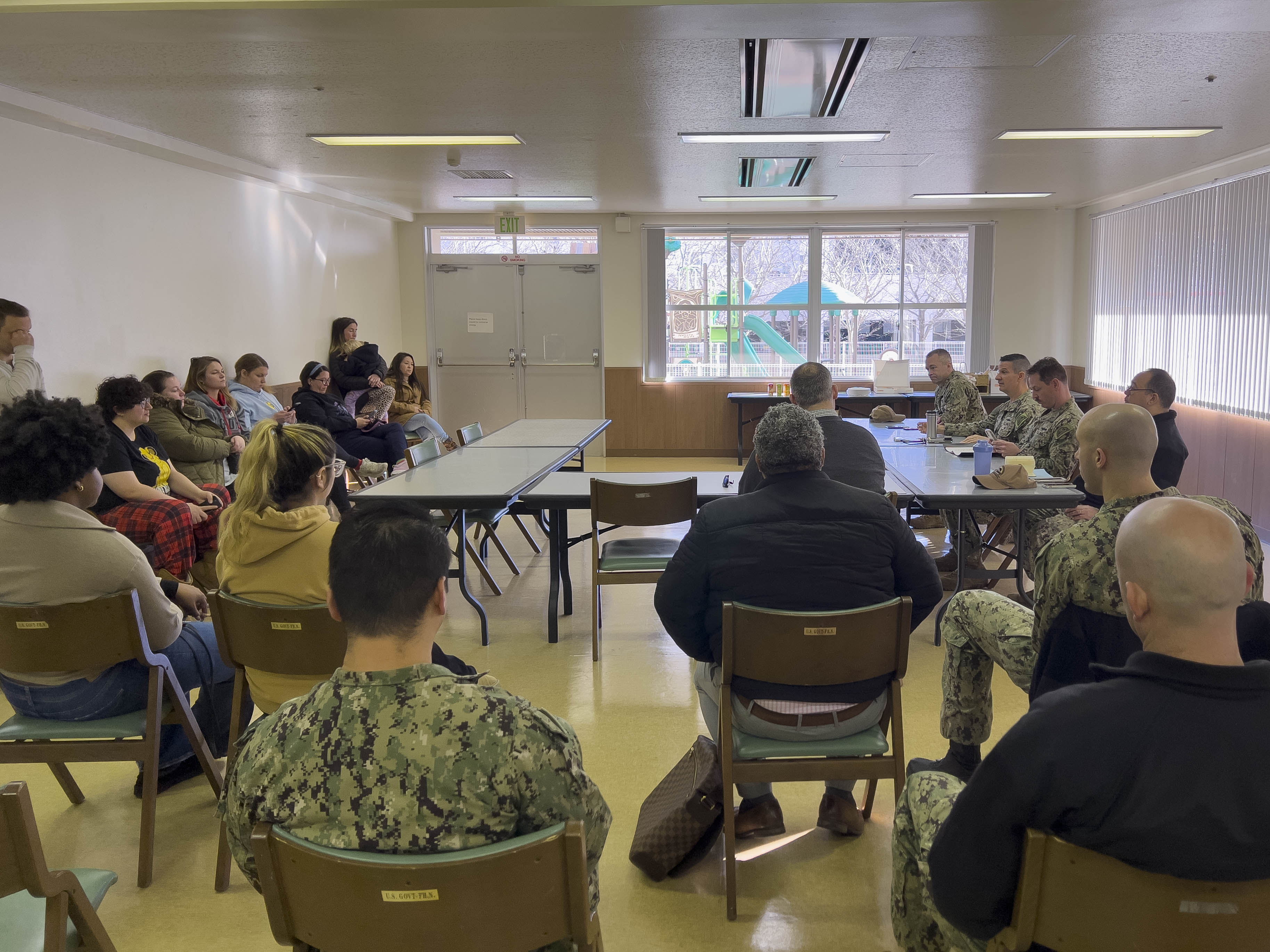 Capt. Les Sobol, Commander, Fleet Activities Yokosuka, and his staff discuss matters concerning Ikego Heights Family Housing community members during the installation's monthly Cup of Joe with the CO event in Ikego's Nikko Tower Community Room.