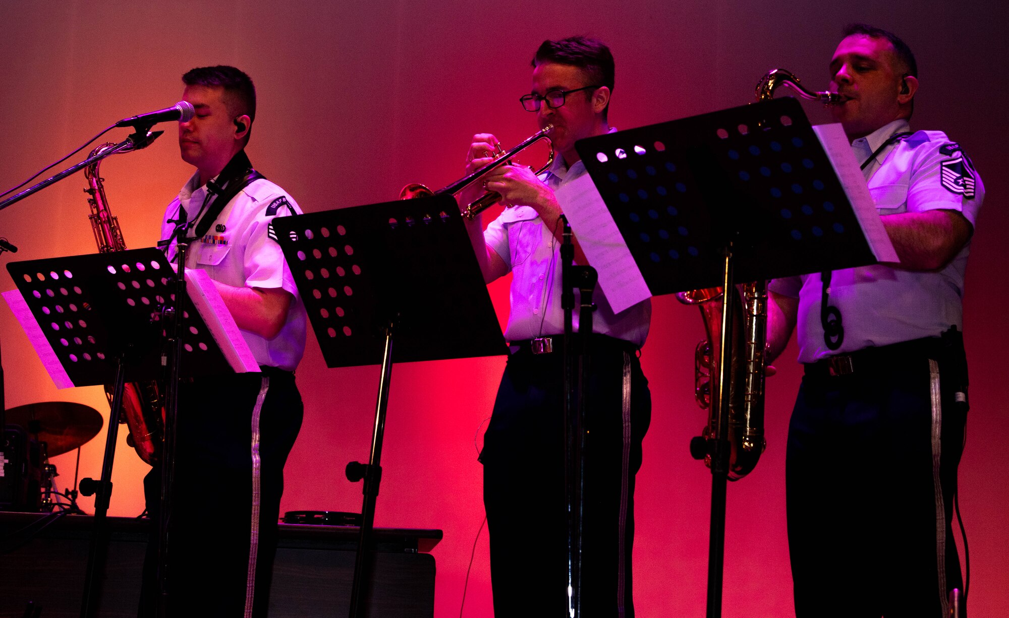 A group of people perform in a concert.
