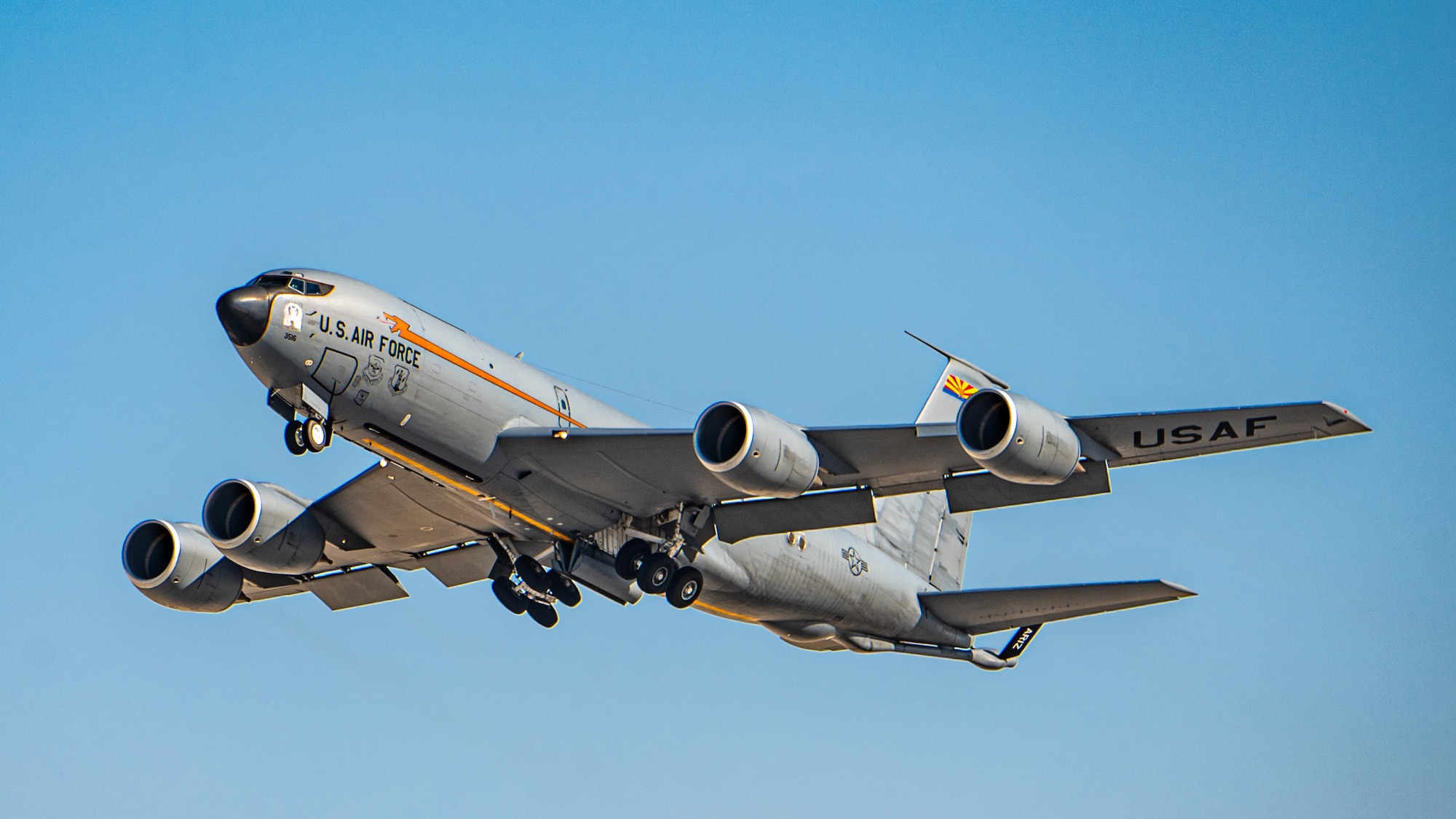 A KC-135 flies.