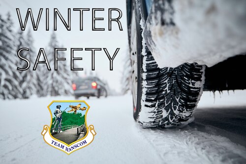 Graphic showing car driving on snow covered road.
