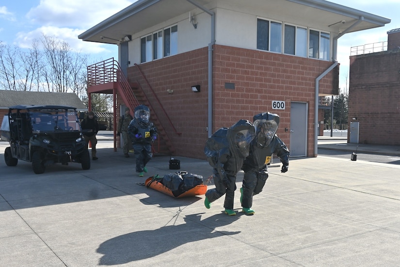 Members of the Pennsylvania National Guard’s 3rd Weapons of Mass Destruction Civil Support Team remove a team member who simulated a medical emergency during a training exercise Feb. 7, 2025, at the Lancaster County Public Safety Training Center in Landisville, Pa. (Pennsylvania National Guard photo by Brad Rhen)