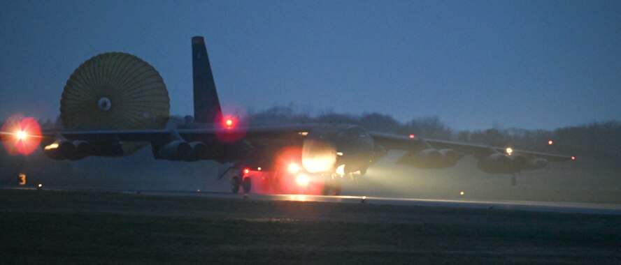 A U.S. Air Force B-52H Stratofortress, assigned to the 69th Expeditionary Bomb Squadron lands at Royal Air Force Base Fairford, England, Feb.12, 2025. NATO Allied and partner air forces can be deployed anytime, anywhere. Bomber Task Force 25-2 is a demonstration of cooperation, collaboration, integration, and solidarity to promote peace and security.