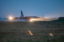 A U.S. Air Force B-52H Stratofortress aircraft assigned to the 69th Expeditionary Bomb Squadron, Minot Air Force Base, North Dakota, arrives in support of Bomber Task Force 25-2 at RAF Fairford, England, Feb. 11, 2025. BTF missions enable crews to maintain a high state of readiness proficiency, and validate our always-ready, global strike capability. (U.S. Air Force photo by Staff Sgt. Kristen Heller)