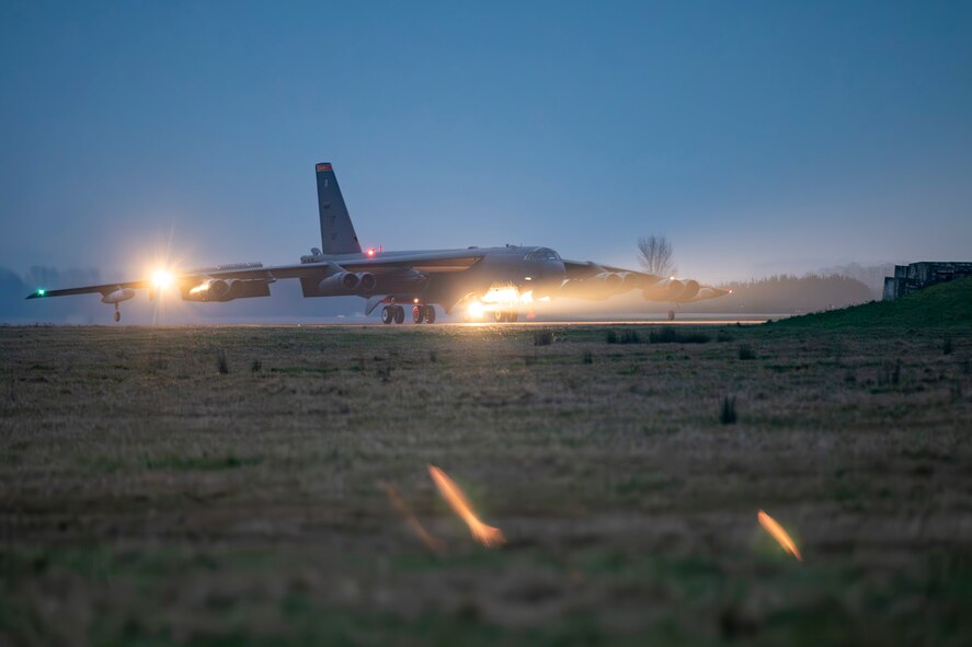 A U.S. Air Force B-52H Stratofortress aircraft assigned to the 69th Expeditionary Bomb Squadron, Minot Air Force Base, North Dakota, arrives in support of Bomber Task Force 25-2 at RAF Fairford, England, Feb. 11, 2025. BTF missions enable crews to maintain a high state of readiness proficiency, and validate our always-ready, global strike capability. (U.S. Air Force photo by Staff Sgt. Kristen Heller)