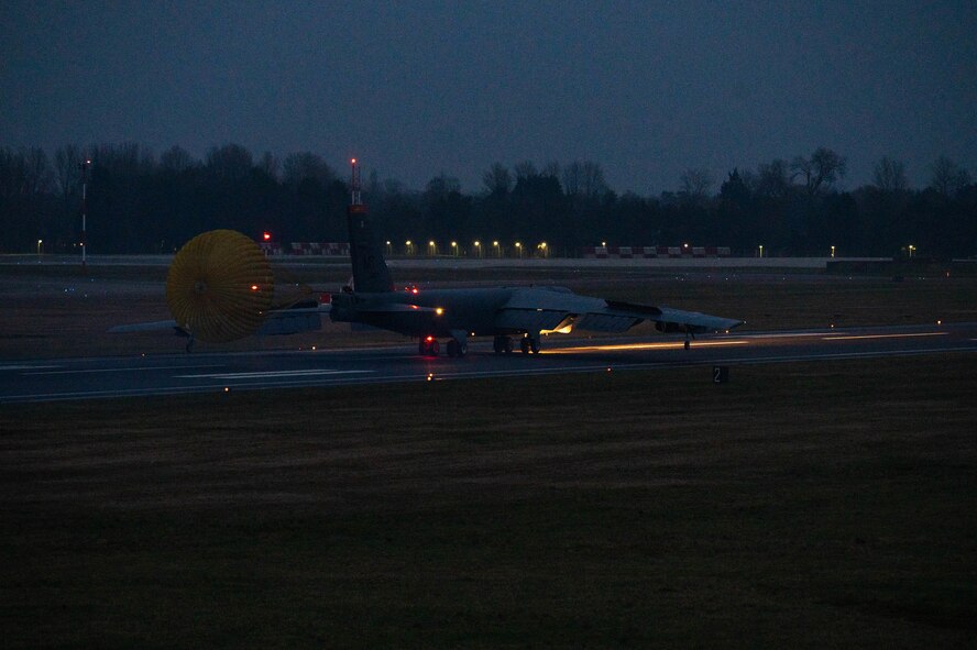A U.S. Air Force B-52H Stratofortress aircraft arrives in support of Bomber Task Force 25-2 at RAF Fairford, England, Feb. 11, 2025. Integrated operations with NATO Allies and partners are critical to the Alliance’s ability to reinforce an extended network of like-minded nations capable of decisively meeting the defense challenges of today and tomorrow. (U.S. Air Force photo by Senior Airman Brooklyn Golightly)