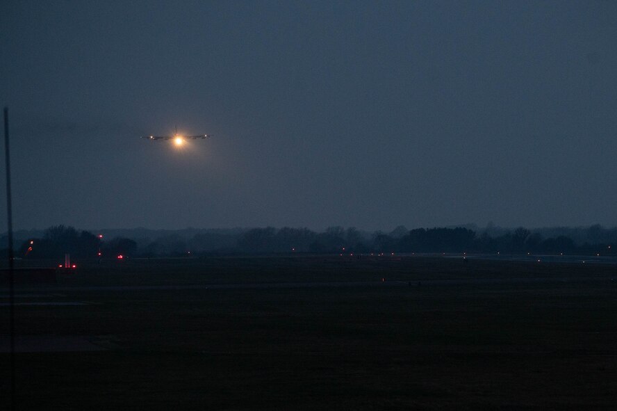 A U.S. Air Force B-52H Stratofortress aircraft arrives in support of Bomber Task Force 25-2 at RAF Fairford, England, Feb. 11, 2025. BTF missions enable crews to maintain a high state of readiness proficiency, and validate our always-ready, global strike capability. (U.S. Air Force photo by Senior Airman Brooklyn Golightly)