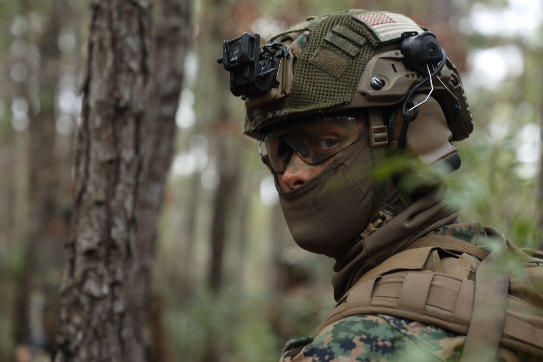 U.S. Marine Corps Lance Cpl. Devlin Burns, a rifleman with India Company, Battalion Landing Team 3rd Battalion, 6th Marine Regiment, 22nd Marine Expeditionary Unit, posts security during a simulated raid in support of Marine Air Ground Task Force (MAGTF) Interoperability Exercise at Stone Bay on Marine Corps Base Camp Lejeune, Feb. 5, 2025. The raid is one of several training events within the Marine Air Ground Task Force Interoperability, a course conducted by Expeditionary Operations Training Group. This course is designed to train and evaluate integrated elements of the 22nd MEU across a variety of full mission profiles in a simulated peer threat environment. (U.S. Marine Corps photo by Cpl. Charis Chilton)