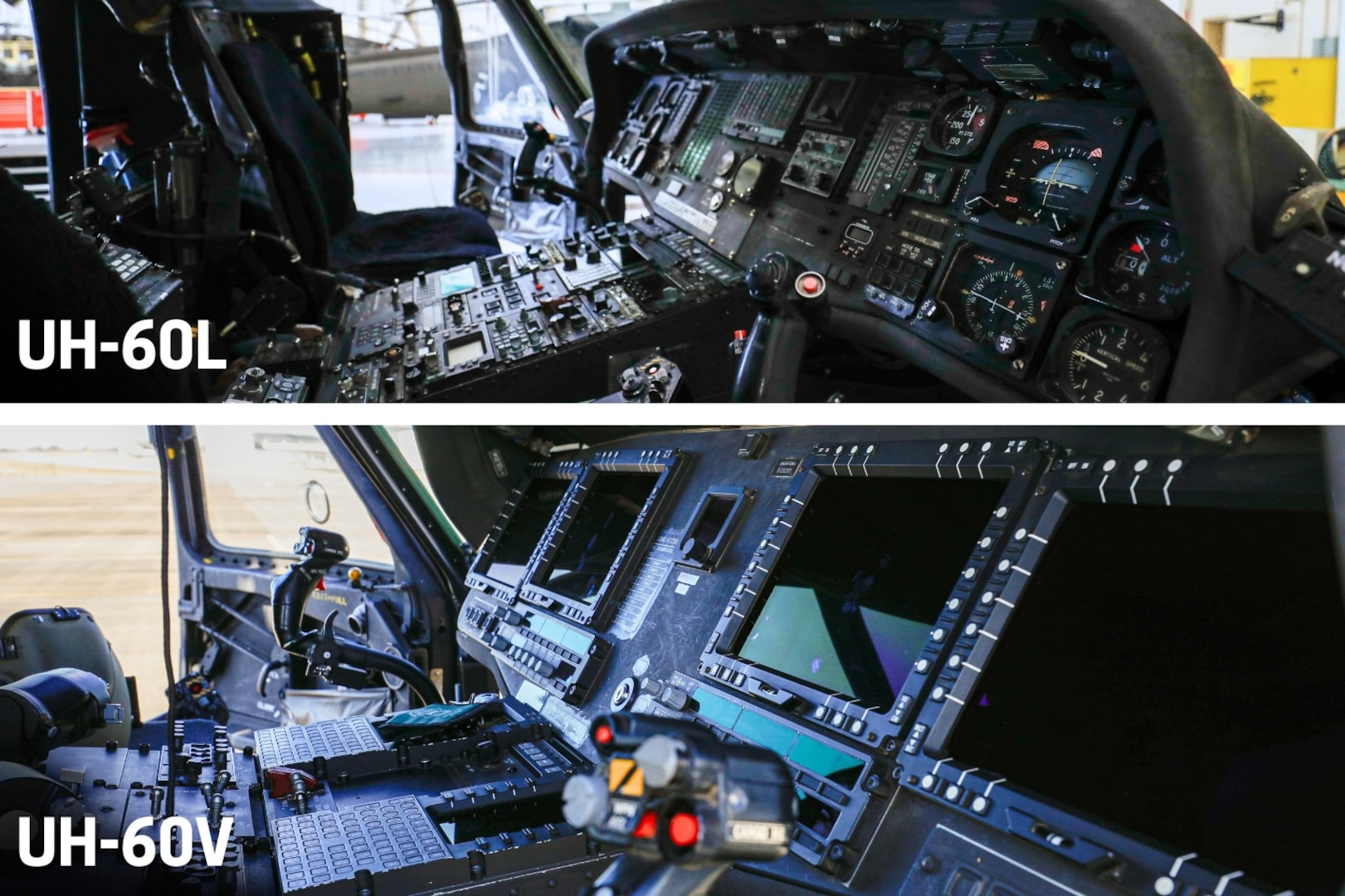 UH-60L and UH-60V Black Hawk avionics are displayed at Berry Field Air National Guard Base in Nashville, Tenn., Jan. 29, 2025. The UH-60V features a moving map display, real-time positional awareness, and more intuitive monitoring of engine readings versus the UH-60L's traditional gauges.