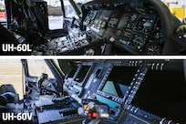 UH-60L and UH-60V Black Hawk avionics are displayed at Berry Field Air National Guard Base in Nashville, Tenn., Jan. 29, 2025. The UH-60V features a moving map display, real-time positional awareness, and more intuitive monitoring of engine readings versus the UH-60L's traditional gauges.