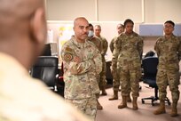 Chief Master Sgt. Israel Nuñez, Senior Enlisted Advisor to the Chief of Air Force Reserve and Command Chief Master Sgt. of Air Force Reserve Command, stopped to speak to Airmen at the 26th and 74th Aerial Port Squadrons during a visit to Joint Base San Antonio-Lackland, Feb. 1, 2025.