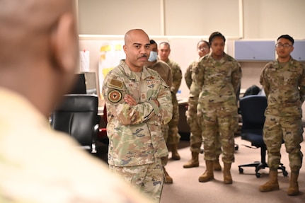 Chief Master Sgt. Israel Nuñez, Senior Enlisted Advisor to the Chief of Air Force Reserve and Command Chief Master Sgt. of Air Force Reserve Command, stopped to speak to Airmen at the 26th and 74th Aerial Port Squadrons during a visit to Joint Base San Antonio-Lackland, Feb. 1, 2025.