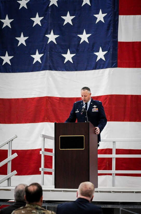 Nebraska Air National Guard Lt. Col. Samuel Schneider addresses the audience after relinquishing command of the Nebraska Air National Guard's 170th Maintenance Support Squadron during a change of command ceremony held Jan. 30, 2025, at Offutt Air Force Base. Schneider had served as the first commander of the new maintenance support squadron since April 2022. (Nebraska National Guard photo by Kevin Hynes).