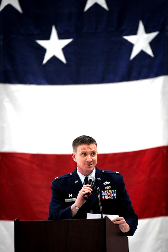 Nebraska Air National Guard Maj. Jordan Jacobs addresses his unit and other dignitaries after he assumed command of the Nebraska Air National Guard's 170th Maintenance Support Squadron during a change of command ceremony held Jan. 30, 2025, at Offutt Air Force Base. The 170th Maintenance Support Squadron is a new Nebraska Air National Guard unit that provides maintenance support for the active Air Force's 55th Maintenance Group at Offutt Air Force Base. (Nebraska National Guard photo by Kevin Hynes).