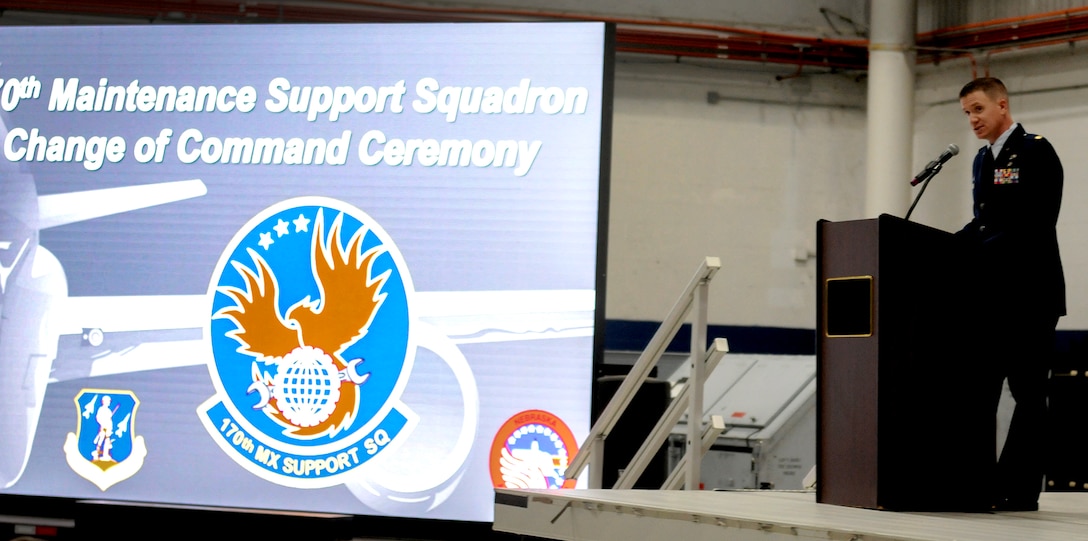 Nebraska Air National Guard Maj. Jordan Jacobs addresses his unit and other dignitaries after he assumed command of the Nebraska Air National Guard's 170th Maintenance Support Squadron during a change of command ceremony held Jan. 30, 2025, at Offutt Air Force Base. The 170th Maintenance Support Squadron is a new Nebraska Air National Guard unit that provides maintenance support for the active Air Force's 55th Maintenance Group at Offutt Air Force Base. (Nebraska National Guard photo by Kevin Hynes).