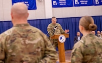 Brig. Gen. Lenny Williams, Assistant Adjutant General – Army, and Commander of the Illinois Army National Guard, addresses Soldiers and families during Headquarters and Headquarters Company, 2nd Battalion, 130th Infantry Regiment’s mobilization ceremony Feb. 8 in Marion.