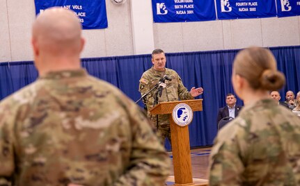 Brig. Gen. Lenny Williams, Assistant Adjutant General – Army, and Commander of the Illinois Army National Guard, addresses Soldiers and families during Headquarters and Headquarters Company, 2nd Battalion, 130th Infantry Regiment’s mobilization ceremony Feb. 8 in Marion.