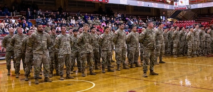 Soldiers from Company B, 2nd Battalion, 130th Infantry Regiment, based in West Frankfort, stand in formation during the unit’s mobilization ceremony Feb. 9. Approximately 550 Soldiers from 2nd Battalion, 130th Infantry, mobilized for a deployment to the U.S. Central Command area of responsibility in support of Operation Spartan Shield.