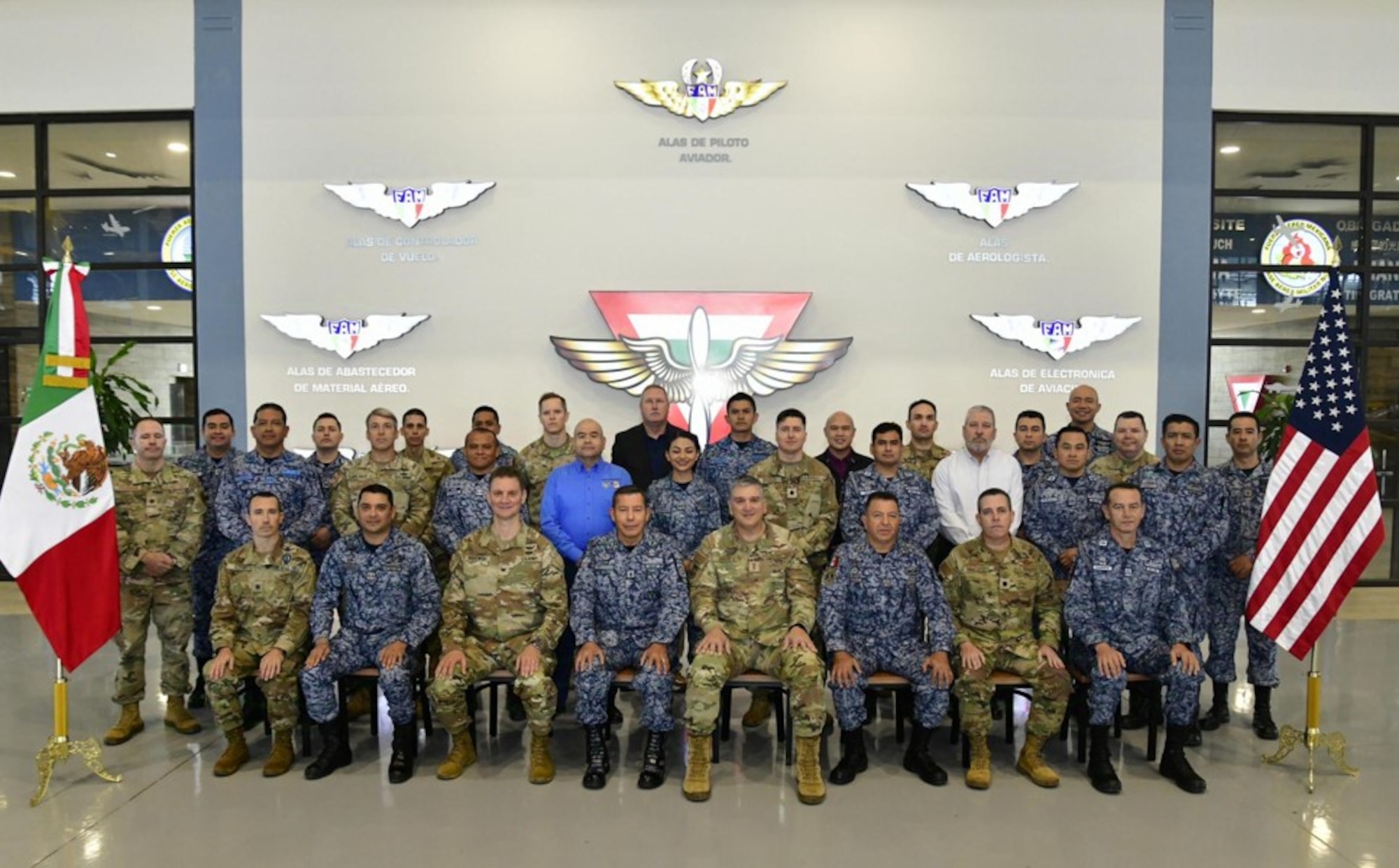 U.S. and Mexican Air Force participants posing for a group photo at the 2024 Air Force Staff Talks (AFST) between the US and Mexican Air Forces.