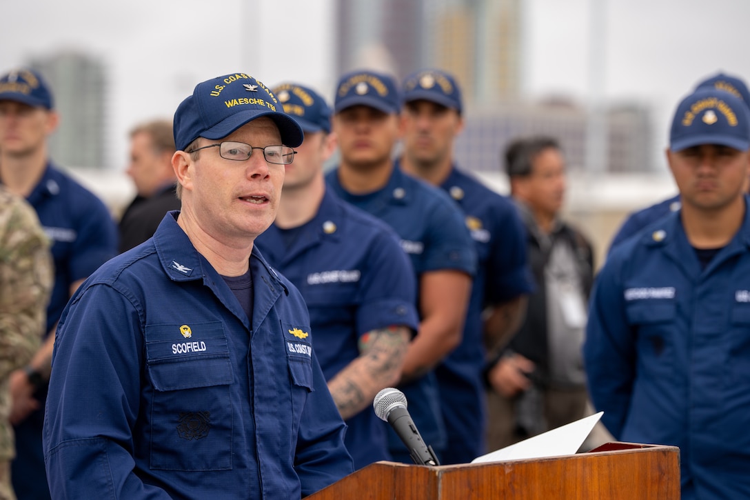 U.S. Coast Guard Capt. Tyson Scofield, the commanding officer of Coast Guard Cutter Waesche, speaks at a press conference aboard the Waesche in San Diego, Feb. 13, 2025. The Waesche’s crew offloaded drugs interdicted in the Eastern Pacific during counter-narcotic patrols, eliminating 37,256 pounds of cocaine worth an estimated $275 million in value. (U.S. Coast Guard photo by Petty Officer 3rd Class Christopher Sappey)