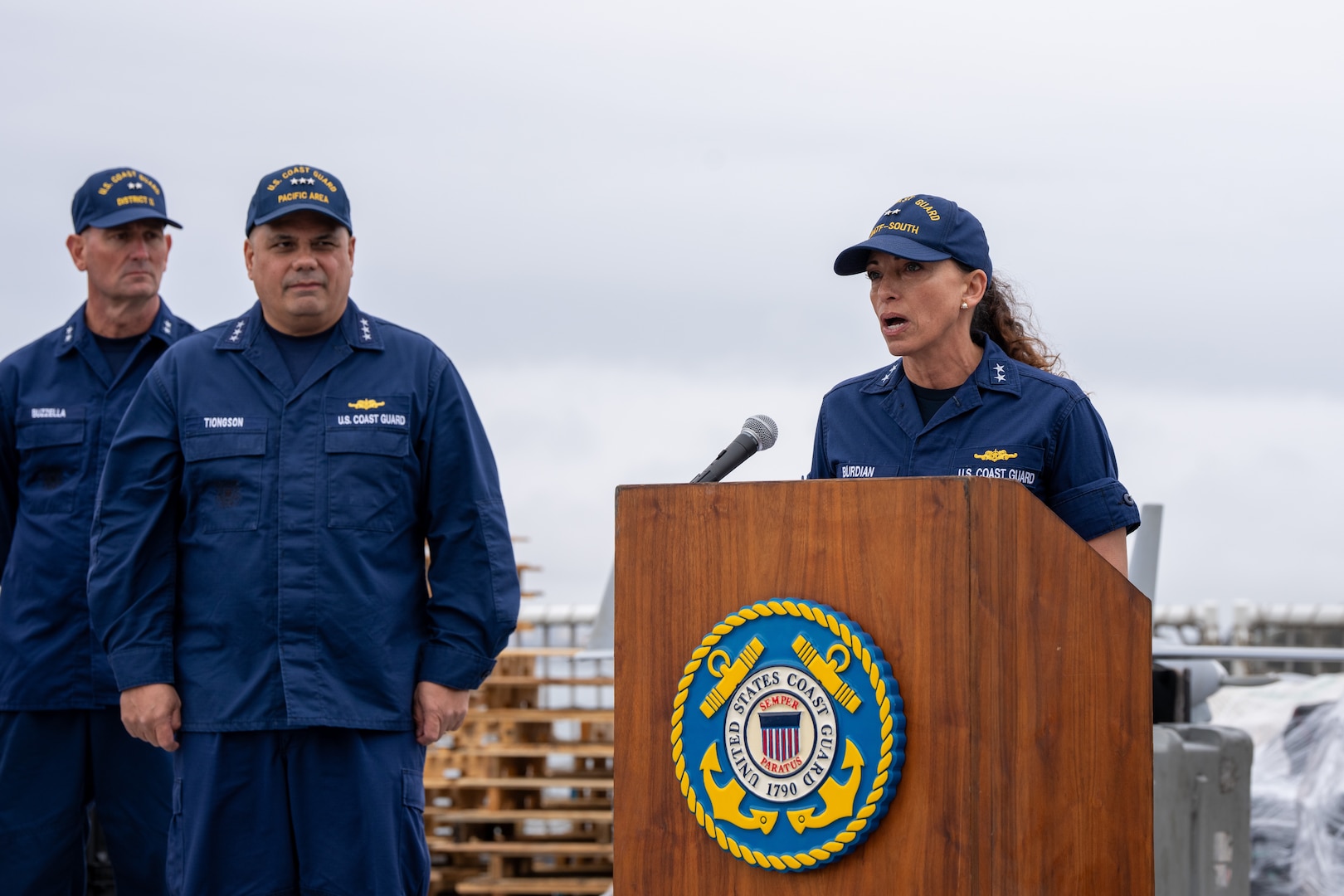 U.S. Coast Guard Rear Adm. Jo-Ann Burdian, Joint Interagency Task Force South Director, speaks at a press conference aboard the Coast Guard Cutter Waesche in San Diego, Feb. 13, 2025. The Waesche’s crew offloaded drugs interdicted in the Eastern Pacific during counter-narcotic patrols, eliminating 37,256 pounds of cocaine worth an estimated $275 million in value. (U.S. Coast Guard photo by Petty Officer 3rd Class Christopher Sappey)