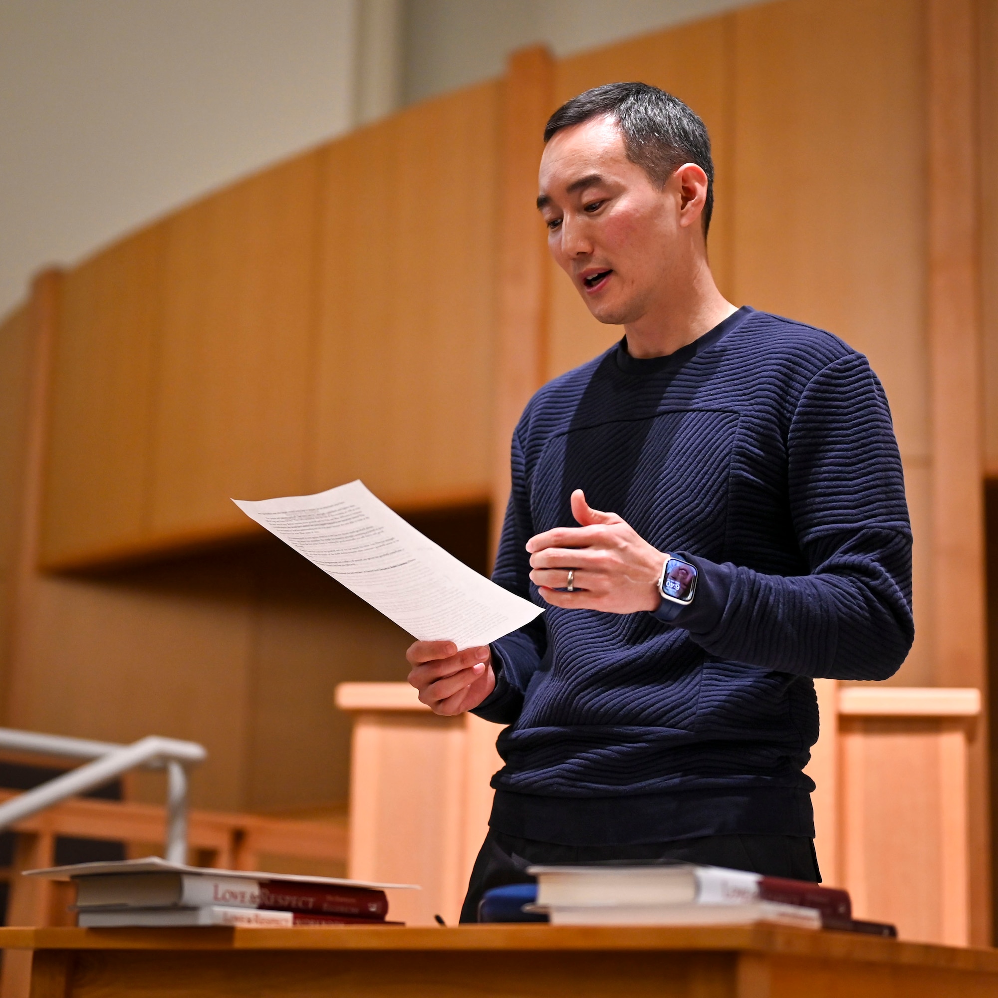 U.S. Air Force Capt. Bermsoo Kim, 51st Fighter Wing chaplain, leads a marriage study at Osan Air Base, Republic of Korea, Jan. 23, 2025. Kim’s passion for religion spurred his commitment and selfless service to the U.S. Air Force, ROK Air Force personnel and their families. The 51st FW Chaplain Corps and support team strengthen military resilience via spiritual, mental, and social fitness. (U.S. Air Force photo by Senior Airman Sabrina Fuller-Judd)