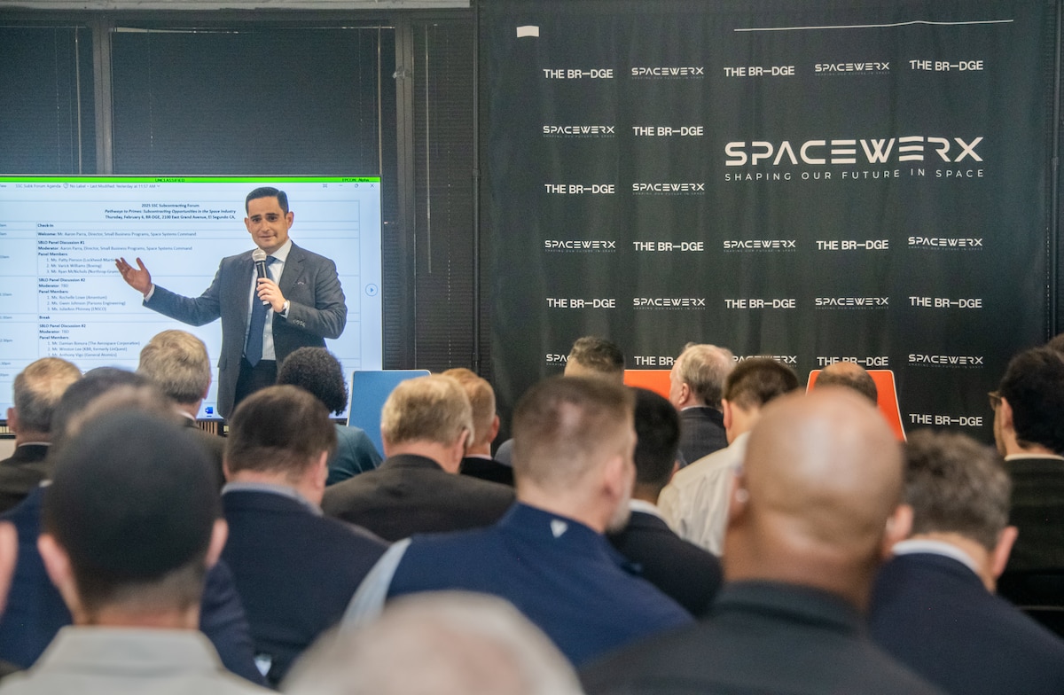 U.S. Space Force (USSF) Space Systems Command’s Small Business Office, in collaboration with SpaceWERX, hosted their inaugural Sub-contracting Forum to accelerate the space acquisition process by connecting small businesses with space and defense industry prime contractors and Department of Defense (DoD) experts on February 6, 2025, in El Segundo, Calif. SSC Small Business Director, Aaron Parra (left), moderates a panel aimed at informing small businesses about avenues to connect with primes. (U.S. Space Force Photo by Van Ha)
