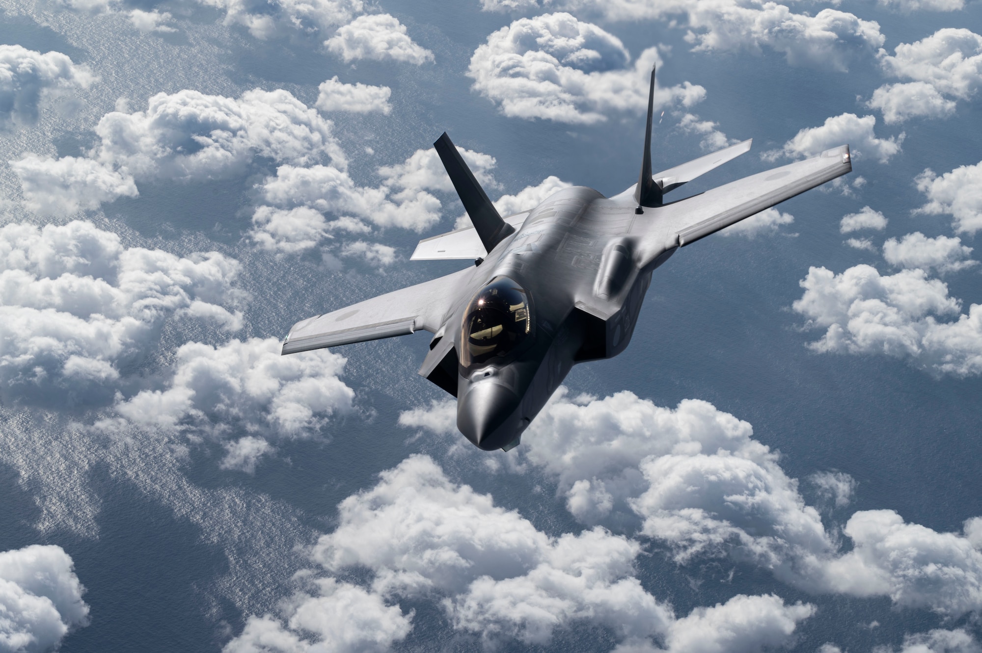 A Japan Air Self Defense Force F-35A Lightning II banks to its right after aerial refueling over the U.S. Indo-Pacific Command area of responsibility, Feb. 10, 2025, as part of exercise Cope North 2025.