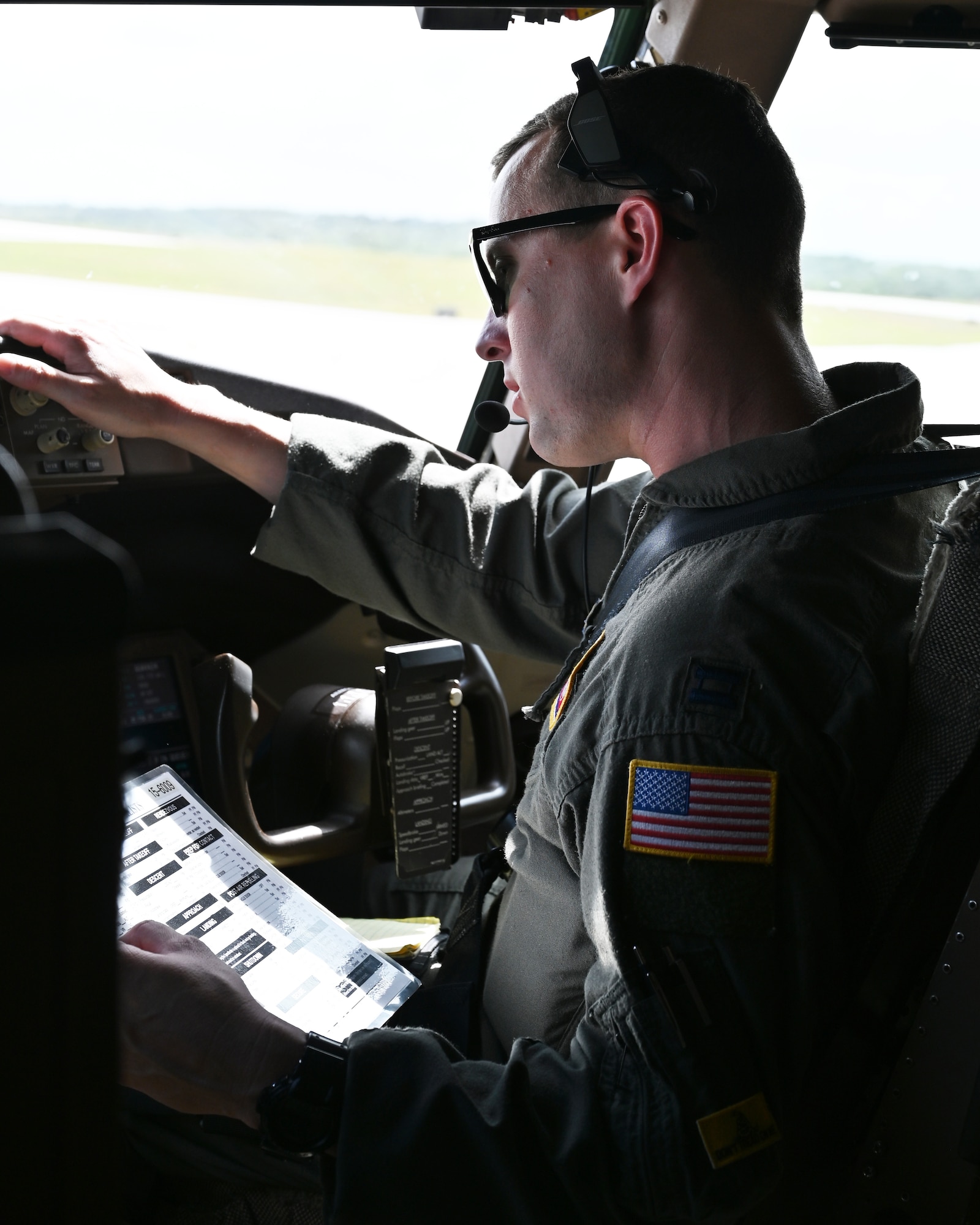 Capt. Daniel Kinnamon, 924th Air Refueling Squadron KC-46A Pegasus co-pilot, prepares for takeoff on the first day of Exercise Cope North 2025 (CN25), Feb. 5, 2025.