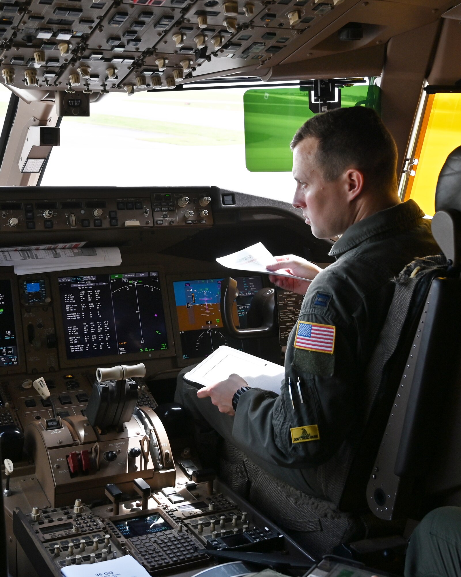 Capt. Daniel Kinnamon, 924th Air Refueling Squadron KC-46A Pegasus co-pilot, prepares for takeoff on the first day of Exercise Cope North 2025 (CN25), Feb. 5, 2025.