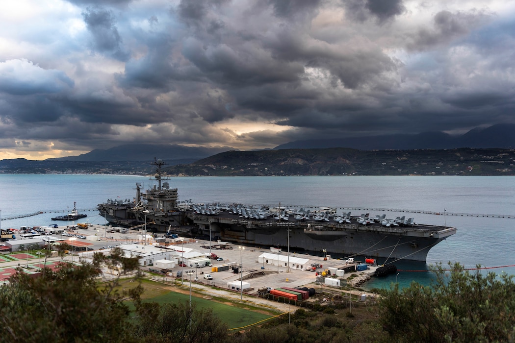 The Nimitz-class aircraft carrier USS Harry S. Truman (CVN 75) arrives at the NATO Marathi Pier Complex in Souda Bay, Crete, Greece, during a scheduled port visit on Feb. 6, 2025.