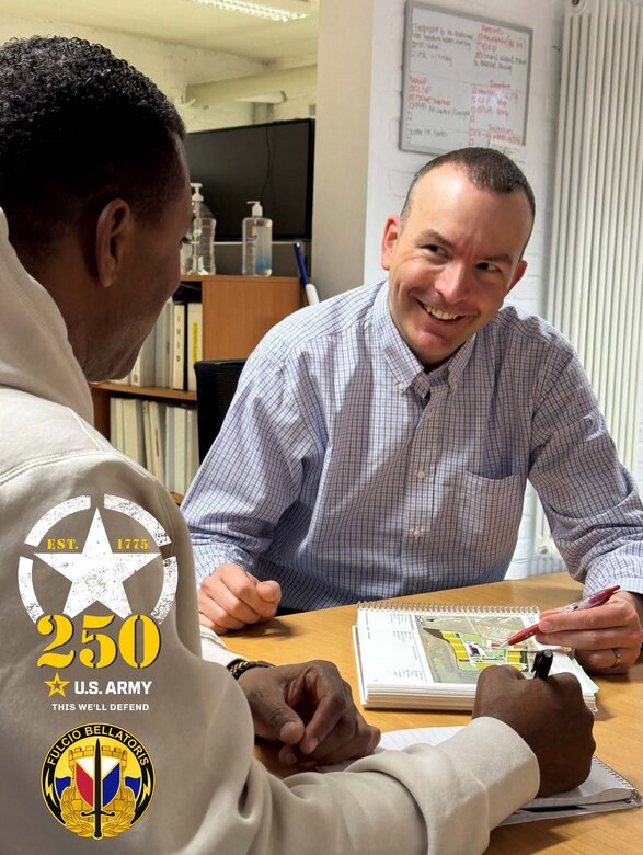 Kevin Hovis, the 405th Army Field Support Brigade’s engineer, meets with a new brigade employee, Earl Haliday, at the logistics and supply directorate (S-4) office Feb. 14. “I’m a little bit of a geek being an engineer, but when you look back at all the technology advances over the past 250 years in the Army – not just weapons but also medical, protective armor, vehicles, aircraft, et cetera – it’s incredible. Happy 250th birthday, U.S. Army!” he said.