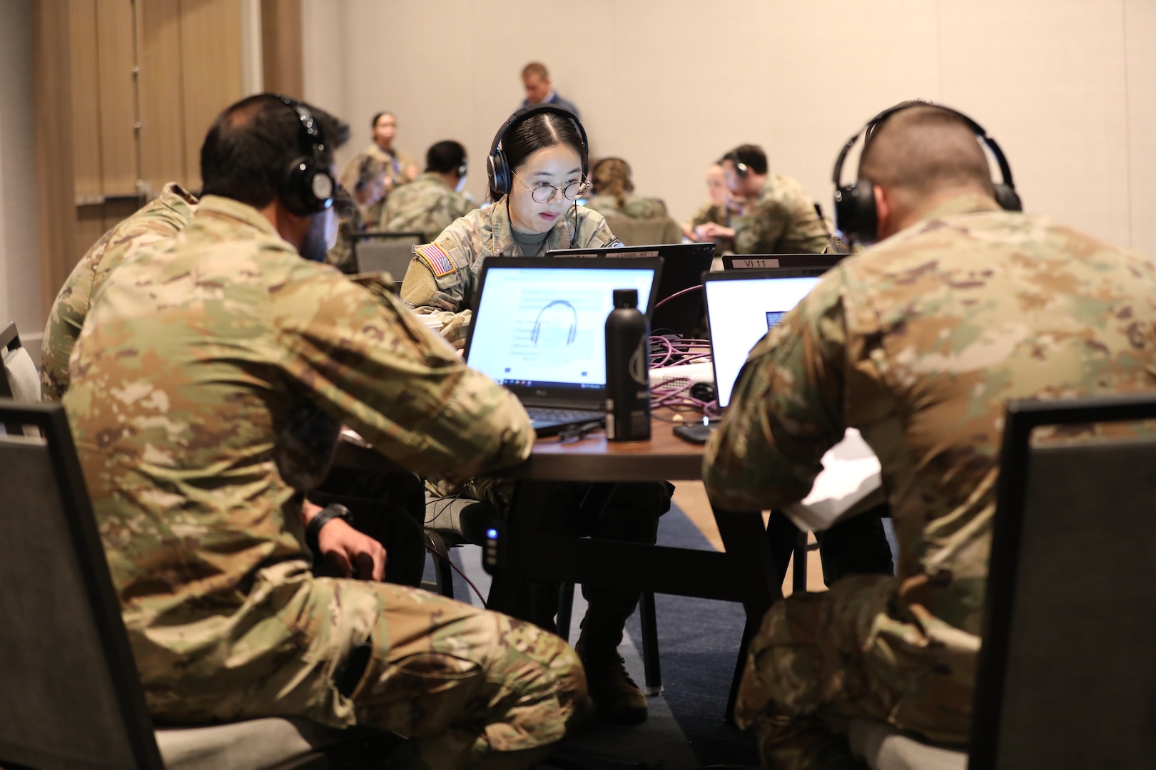 The seven-Soldier team representing the 341st Military Intelligence Battalion (Linguist), 56th Theatre Information Operations Group, Washington National Guard, participates in the Voice Intercept Challenge during the seventh annual Best Linguist Competition Feb. 6, 2025, in Salt Lake City, Utah. The Washington National Guard won the  2024 300th Military Intelligence Brigade (Linguist) Command Language Program of the Year Award.
