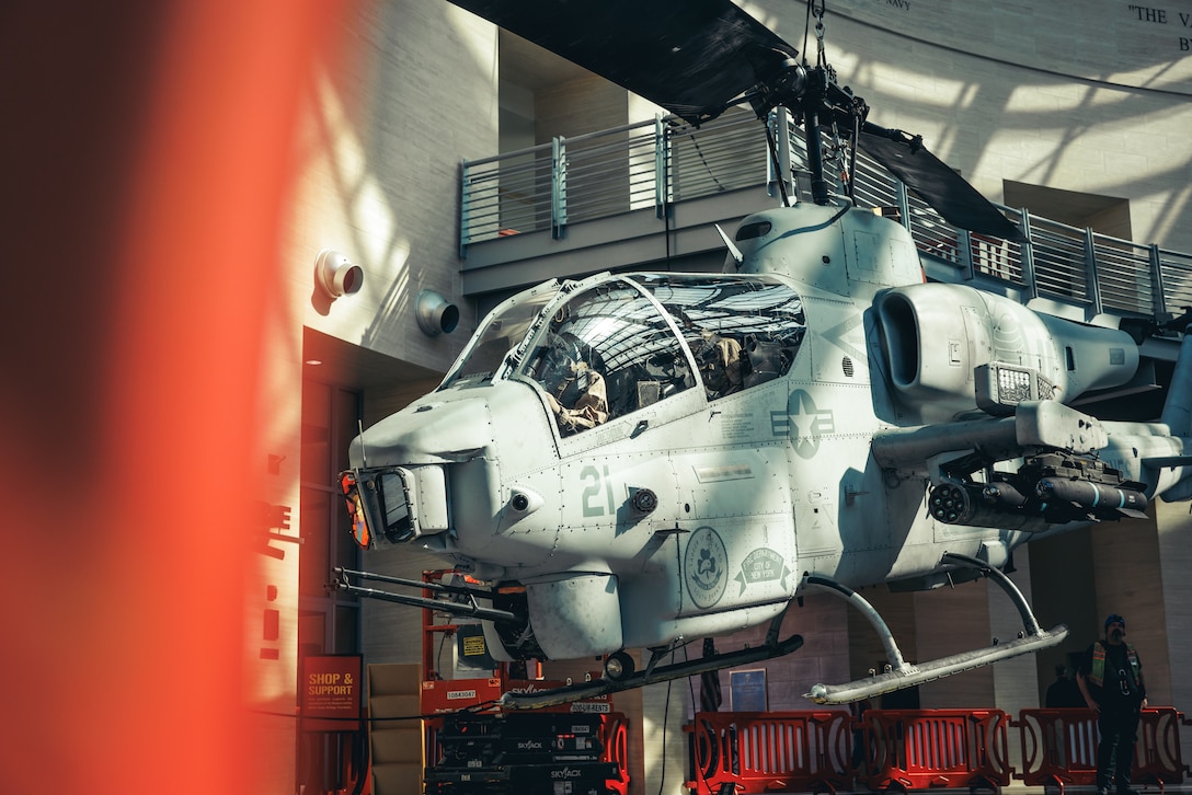 An AH-1W Super Cobra attack helicopter now hangs as a new display at the National Museum of the Marine Corps, Triangle, Virginia, Feb. 13, 2024. The Super Cobra is an attack helicopter that played a major part in the Marine Corps, primarily used during Operation Desert Storm, Operation Earnest Will, Operation Iraqi Freedom, and Operation Enduring Freedom, cementing it’s place in Marine Corps history. (U.S. Marine Corps photo by Lance Cpl. Braydon Rogers)