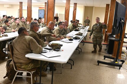 Capt. Nicole Barela-Vess, right, a Warfighter project officer with the 213th Regional Support Group, conducts an in-processing briefing for participants in a Warfighter exercise Jan. 16, 2025, at Fort Indiantown Gap, Pa. (Pennsylvania National Guard photo by Brad Rhen)