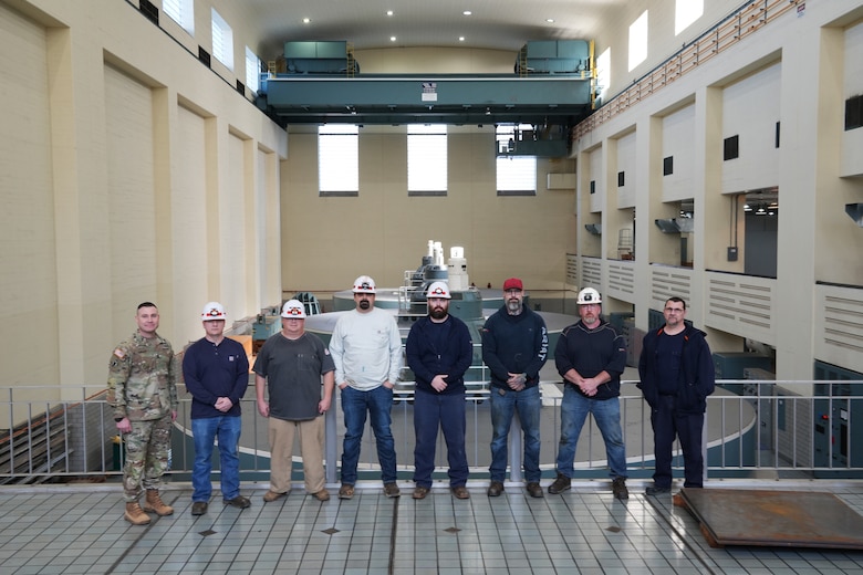 U.S. Army Corps of Engineers Command Sergeant Major Douglas Galick (left) poses for a photo with USACE employees from the Center Hill hydropower facility in Lancaster, Tennessee, on Feb. 10, 2025. Center Hill was one of several Nashville District projects CSM Galick visited over the course of three days. (USACE Photo by Michael Davis)