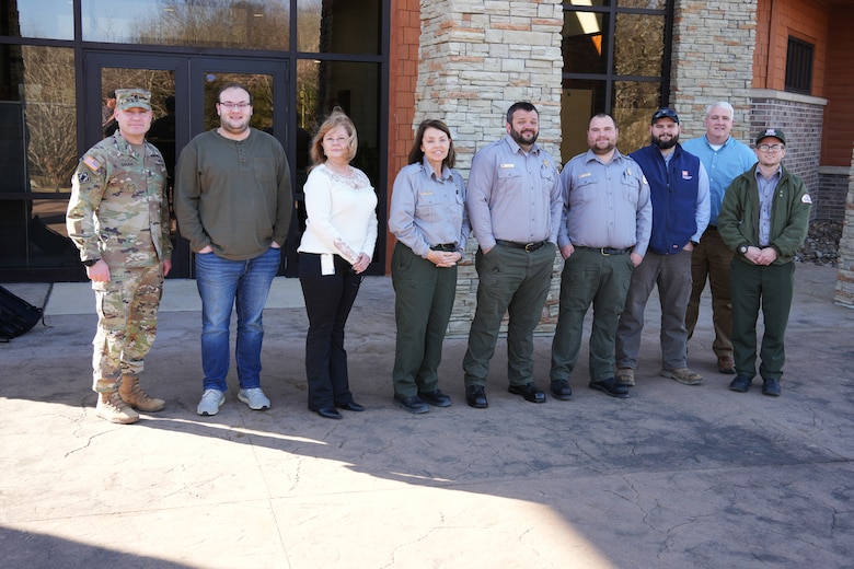 U.S. Army Corps of Engineers Command Sergeant Major Douglas Galick (left) poses for a photo with USACE employees from the Cordell Hull resource office in Carthage, Tennessee, on Feb. 10, 2025. Cordell Hull was one of several Nashville District projects CSM Galick visited over the course of three days. (USACE Photo by Michael Davis)