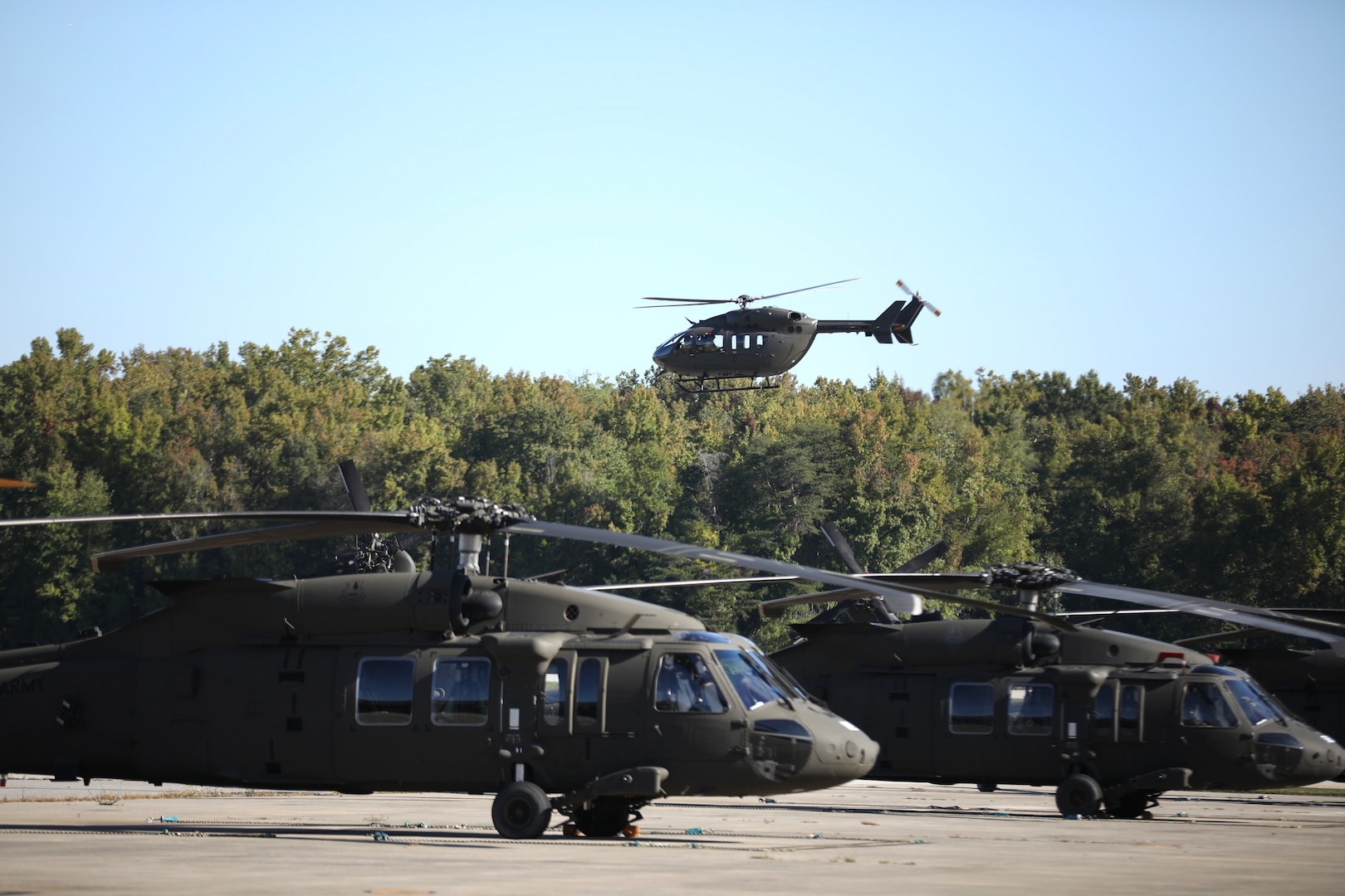 Soldiers assigned to the District of Columbia Army National Guard's Det 1 A Co 1/224th S&S hold a deployment ceremony attended by senior leaders, family and friends at Davison Army Airfield, Va., on Oct. 10, 2023.  Under the direction of U.S. Northern Command (USNORTHCOM) and Joint Task Force North, Guardsmen were assigned to work closely with Border Patrol agents and Customs and Border Protection’s Air and Marine Operations officers.