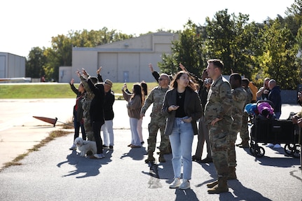 Soldiers assigned to the District of Columbia Army National Guard's Det 1 A Co 1/224th S&S hold a deployment ceremony attended by senior leaders, family and friends at Davison Army Airfield, Va., on Oct. 10, 2023.  Under the direction of U.S. Northern Command (USNORTHCOM) and Joint Task Force North, Guardsmen were assigned to work closely with Border Patrol agents and Customs and Border Protection’s Air and Marine Operations officers.